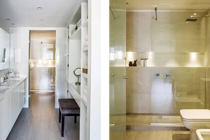 El antebaño funciona como nexo entre el vestidor y el baño de la suite principal. Una puerta de vidrio esmerilado delimita el sector del baño. En el box de ducha, un nicho de pared a pared destinado a los amenities.