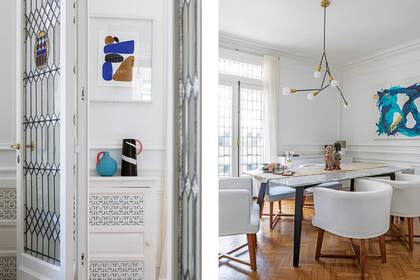 El antiguo radiador se adaptó para usarse como bar. Jarras cerámicas (West Elm). Las sillas del comedor vinieron desde México.