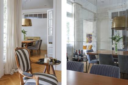 Sillones estilo Luis XVI tapizados en tussor rayado (C’est Moi). Mesa auxiliar del living y bar a la derecha, en el comedor (Tupé Home).