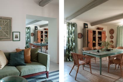 Sillas de ratán, alfombra de yute y, en la pared, canastos traídos de Sudáfrica.