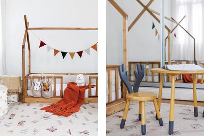 Juego de mesa y sillas infantil y cama ‘Casita’ (todo, Mercado Libre) con manta tejida en hilo de algodón color ladrillo (Mapuche Hecho a Mano) y bolsas de guardado.