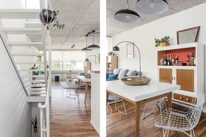 Cesto de fibras naturales (Claudia Adorno). Macetas con forma de cabeza (Zebra Blu). Luciana le sacó la puerta superior al aparador, que conserva el fondo de cuero rojo.