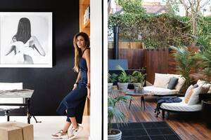 Fotos de un depto reformado con terraza y espacio de trabajo con paredes enteladas en lino gris.