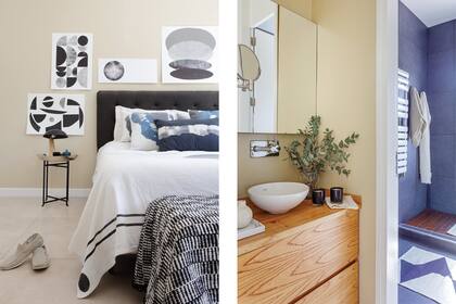 En el baño en suite, mueble de petiribí, bacha (Roca) y grifería (FV). Florero con eucaliptos (Regia Casa). Velas (Salazar Casa).