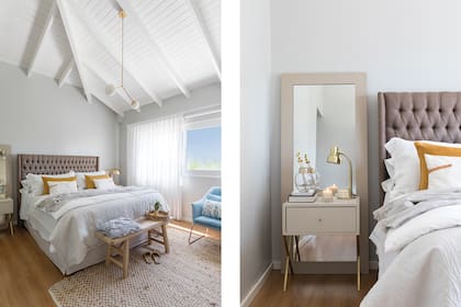 Respaldo de pana gamuzada (Muebles New Style). Alfombra (Godet Life). Acolchado y almohadones con tira de cuero (Cort Deco). Almohadones de pana (Pequeño Taller). Banco (Gramíneas Deco).