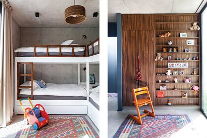 Las camas en L con barandas de paraíso son un diseño del Estudio Gerlach, realizado por El Círculo de las Vitaminas. Lámpara colgante de cartón labrado (Iluminación Agüero). Silla naranja (Stokke).