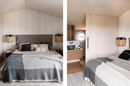Cama con acolchado, manta (ambos de Maison de Vacances) y almohadones (Teixidors). Mesas de luz diseñadas por Paola Navone para Gervasoni y lámpara ‘Bamboo’, de Arik Levy (Forestier).