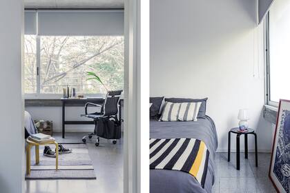 Pie de cama rayado (Elementos Argentinos). Banco ‘Aalto’ y lámpara ‘Fungi’ (Tortuga).