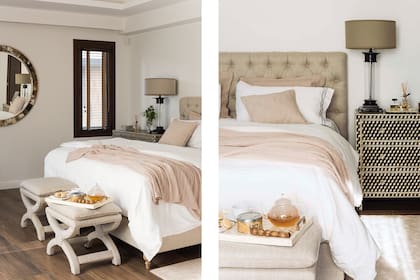 Respaldo de cama ‘Adler’ en lino beige y las poltronas al pie de cama (todo de Landmark).