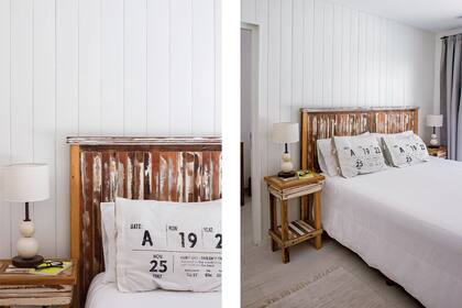 Revestimiento de pino tratado. Respaldo de pino tea patinado en blanco. Ropa de cama (Bequem). Mesa de luz y lámpara (Atahualpa).