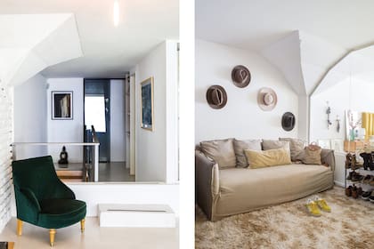 Sillón de pana verde y espejo ‘Krus’ (Ülmen Design). Tonos neutros y una alfombra de pelo largo matizan el clima del sector más industrial de la casa.