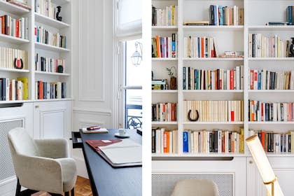 Si bien en el living las larguísimas cortinas cuelgan de barrales, acá se usó el mismo material, pero con sistema romano.