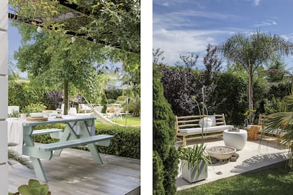 Mesa (Araucaria Maderas) pintada con hidroesmalte celeste ‘Laguna’ (Sherwin Williams). Platos de sitio de banano (Home & Details).