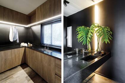 Muebles enchapados con melamina ‘Gaudí’ (Faplac) y mesada de granito ‘Negro Absoluto’ (De Stefano).