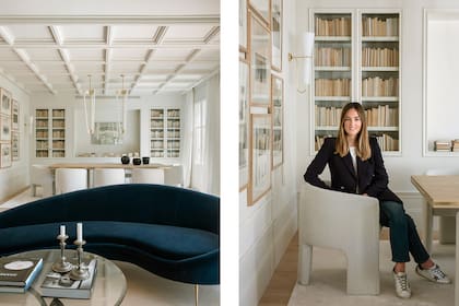 La interiorista María Santos sentada a la gran mesa del comedor.