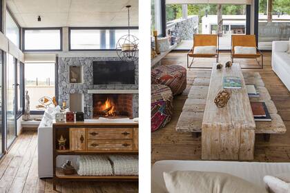 Detrás del comedor, consola con tirantes diseñados por María, mesas bajas con patas y ruedas (todo de La Ferme). Escultura de peces (Alma de Atelier).