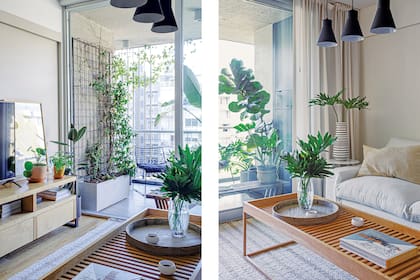 Bandeja (Component). Lámparas colgantes (Atmósfera Luz). Alfombra (Awanay). Cortinas de lino (Gabriela Pérez Elizalde).