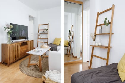 Al ser un ambiente angosto, necesitaban un mueble de TV que no avanzara demasiado sobre el espacio: junto con Casa Leopoldo lo diseñaron a medida en petiribí enchapado con cajones y frente varillado de madera maciza.