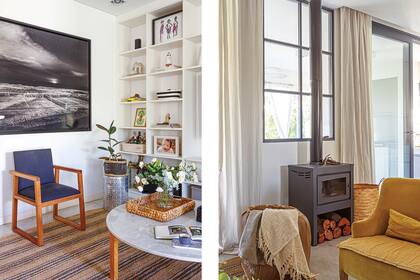 Con diseño de Nicho, sillones producidos por Bull. Foto de José Pereyra Lucena. Alfombra de yute (Marhaba Carpets). Sillón ‘Palma’ amarillo (Mesopotamia). Canasto (Fraternidad). Salamandra encargada a medida (Tromen).