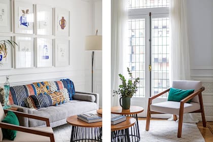 Cortinas de organza de lino y almohadones de pana verde (De Levie). Sillón individual (Caro Yañez).