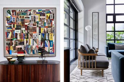 'Obstacle' es el nombre del cuadro de John Murray de donde surgieron los tonos para los sofás, las paredes y objetos decorativos. Consola ‘Lobby Server’ del estudio sudafricano Tonic.
