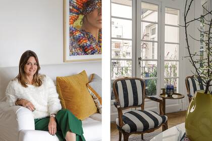 Paola en el renovado living del departamento que conoce desde que se puso de novia con Javier. Sofás ‘English’ en lino con hilos de seda. Almohadones en tostado y gris (Tupé Home).
