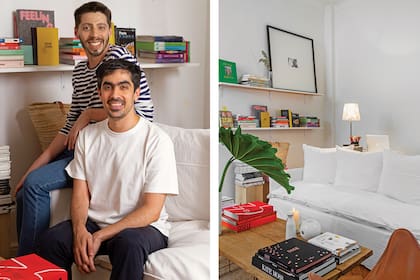 Federico Ciccone y Max Bensimon (der.) en su sillón con fundas de algodón (Hands Off). Los libros y revistas de diseño y arte son material de consulta permanente, por eso tienen tanta presencia.