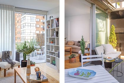 Sillón y mueble con estantes y espacio para la tele hecho a medida (Línea D). Alfombra de pura lana tejida en telar; en el sofá, almohadones de lana de llama y manta (todo de Elementos Argentinos).