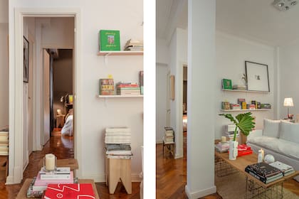 Mesa de centro hecha con tablones de lapacho y pie de hierro, vaso de porcelana 'Buco' (Hecho Hecho). En el estante superior, un cuadro de 1x1 m con una foto pequeña en el centro, recuerdo de su casamiento.