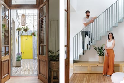 Los arquitectos Virginia Badino y Gustavo Losa junto a la escalera, un diseño suyo ejecutada por MF Herrería y pintada con ‘Kem 6213 Halcyon Green’ (Sherwin Williams).
