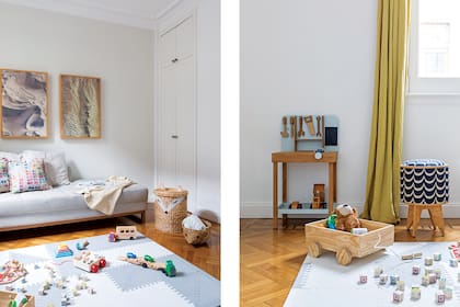 Fotografías de Jeremías Thomas, almohadones estampados (De Levie) y manta (Mapuche Hecho a Mano). Alfombra (Multiply), banco ‘Chupito’ (Pomada) y juego de carpintero (Wonderplay).