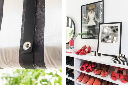 En el detalle, la cortina pintada a mano se mantiene en posición con esta traba de talabartería en platil diseñada por Costa Paz, Lámina enmarcada de una exposición sobre Christian Dior que la dueña visitó en el Brooklyn Museum.