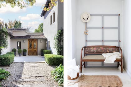 De corte formal, boj en canteros o macetas en el mismo gris grafito de las paredes.