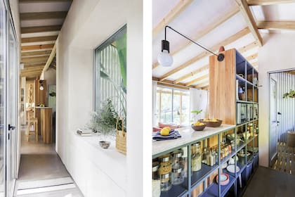 Lámpara amurada ‘James XL’ negro mate (Pura Iluminación). Mueble de guardado en hierro, melamina gris y petiribí macizo (FRAM Arquitectos).
