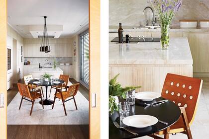 Las mesadas son de cuarzo brasileño, material que también dibuja una “alfombra” en medio del entablonado original.