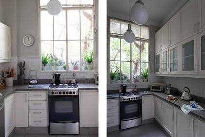 Lámparas colgantes compradas en Palermo. El resto es una apuesta sobria (muebles laqueados, mesadas de granito, alzada de ‘Subway’ blancos).