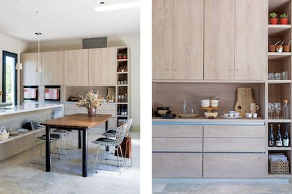 En los estantes, jarras, bowls, vasitos y algunas cerámicas hechas por la dueña de casa. Mates de madera y bombillas de alpaca. Canasto trenzado en cuero crudo, servilletas y repasadores de gasa y nido, todo Las Cabrera.