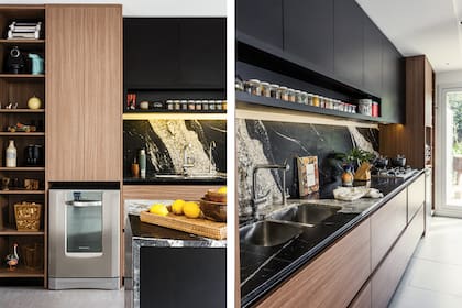 Mesadas y alzada de granito ‘Maorí’ (Mármoles Olivos). Muebles a medida (Umeblo) hechos con placas de melamina ‘Negro’ y ‘Carvalho Mezzo’ (Egger).