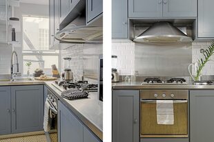 Cálida y funcional, la cocina tiene muebles a medida laqueados en azul grisáceo; mesada, alzada y campana de acero inoxidable; grifería extensible Robinet y azulejos ‘Subway’.
