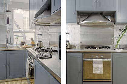 Cálida y funcional, la cocina tiene muebles a medida laqueados en azul grisáceo; mesada, alzada y campana de acero inoxidable; grifería extensible Robinet y azulejos ‘Subway’.