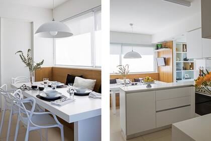 Los muebles de cocina son de PVC blancos con mesada de Silestone ‘Blanco Zeus’.