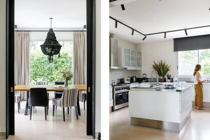 En el comedor, sillas de lino arpillero rayado y lino vintage negro, y cortinas en lino arpillero ‘Piedra’ (todo de 11.11 Home & Deco). Araña (Paul French Gallery).