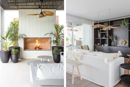 Macetas y plantas (Vivero Spinelli). En el interior, estantería de pared a pared, laqueada y con frente ranurado, diseñada por la interiorista. Pisos de porcelanato ‘Ecowood’ (Ilva).