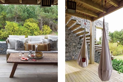 Mesa ratona y sillón (El Camino Studio) con almohadones (La Ferme).