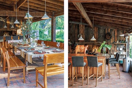 La barra está hecha con una heladera de 6 metros, que Leticia cortó a la mitad y unió. La tapa era el mostrador de una vieja panadería. Bancos, platos y cuchillos (El Taller). Banquetas ‘Jirafa’ (11.11 Home & Deco).