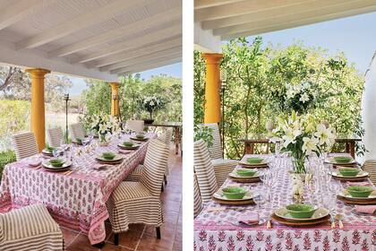 La vajilla de cerámica verde olivo se contrapone con las copas de cristal de Bohemia y un gran ramo armado con azucenas del jardín de casa.