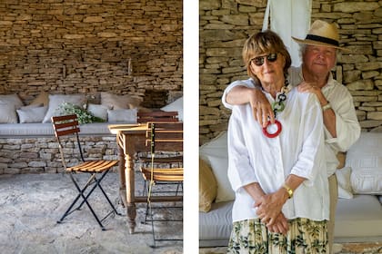 Lorraine y Patrick Frey en la construcción que hicieron cerca de la pileta, a nuevo, pero con la antiquísima técnica de la piedra seca que tan bien se conoce en la Provence.