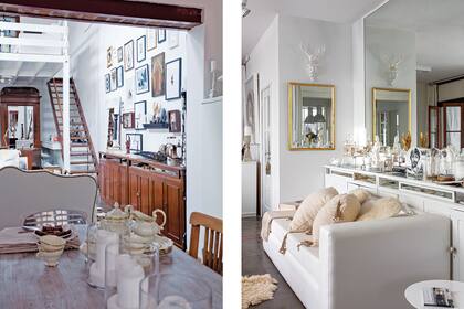 Donde había una colección de cuadros ahora hay un gran espejo. La nueva pared que le da contención al sofá y sostiene el de marco dorado cierra la caja de la escalera y hoy alberga, en el hueco, un flamante toilette. Sofá tipo chaise longue con almohadones de rafia (Sol Palou Deco) y manta de lino tejida en telar (Indias Argentina).