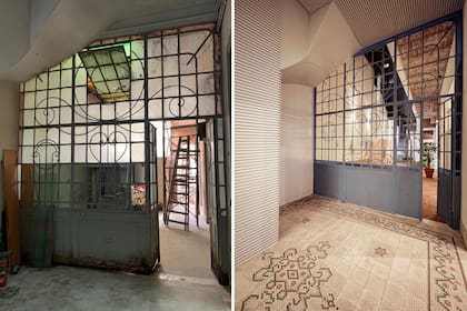 Para conservar la mampara en este PH de Villa Crespo, el Estudio rescató la chapa y se cambiaron los vidrios. Atención al varillado en primer plano: esconde un toilette y una bodega y sube como cielo raso con luces embutidas.