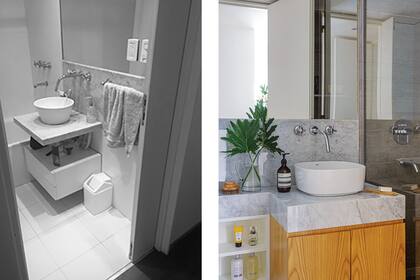 Hoy el baño tiene bacha de apoyo ‘Inspira Soft’ (Roca), mueble de MDF enchapado en roble, mampara de vidrio (Cristal Diseño), piso y revestimiento de ducha en porcelanato ‘Concrete Malta Grey’ (SBG)